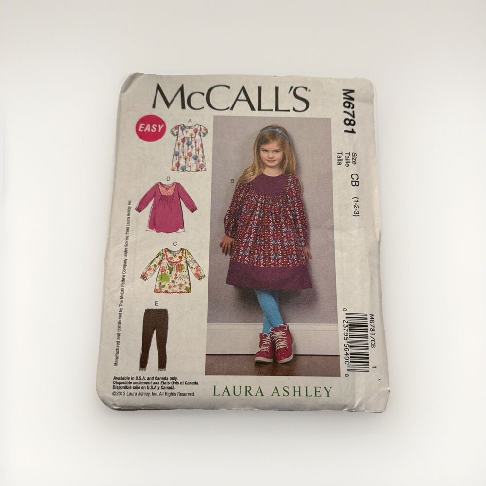 McCalls M6781 Sewing Pattern Laura Ashley Toddler Dresses Tops Leggings Sz 1 2 3